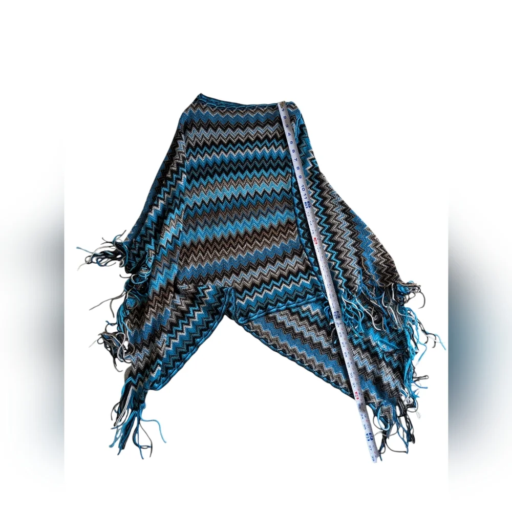 Loose Knit Poncho Sweater Turquoise & Black With Fringes